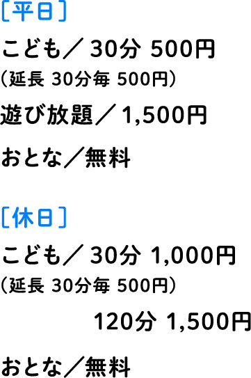 [平日]こども/30分 500円（延長 30分毎 500円） 遊び放題/1,500円 おとな/無料 [休日]こども/30分 1,000円（延長 30分毎 500円） 120分 1,500円 おとな/無料