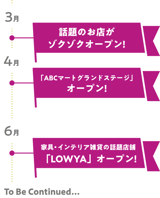 3月 話題のお店がゾクゾクオープン! 4月 「ABCマートグランドステージ」オープン! 6月 家具・インテリア雑貨の話題店舗「LOWAYA」オープン! To Be Continued